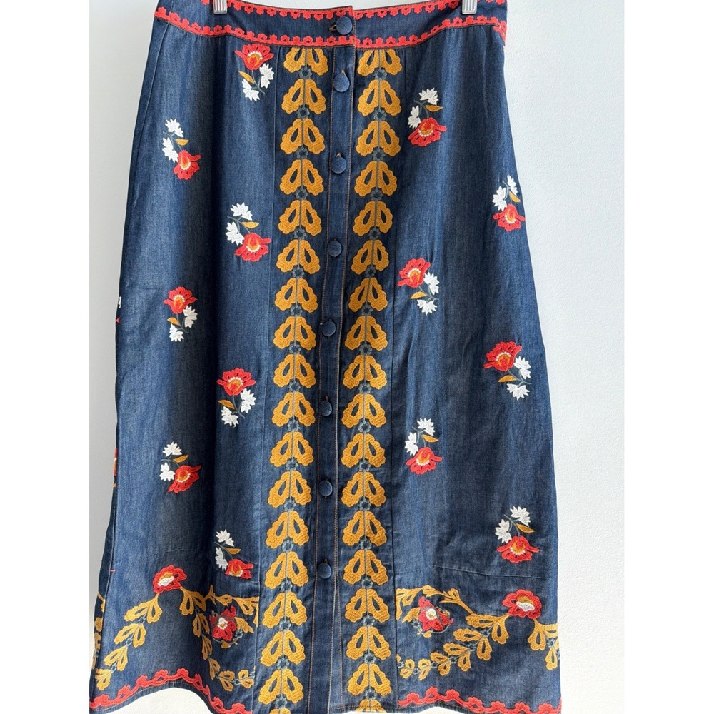 Elizabeth James The Label Denim Floral Embroidered Midi Skirt Blue Womens Large - Picture 5 of 11